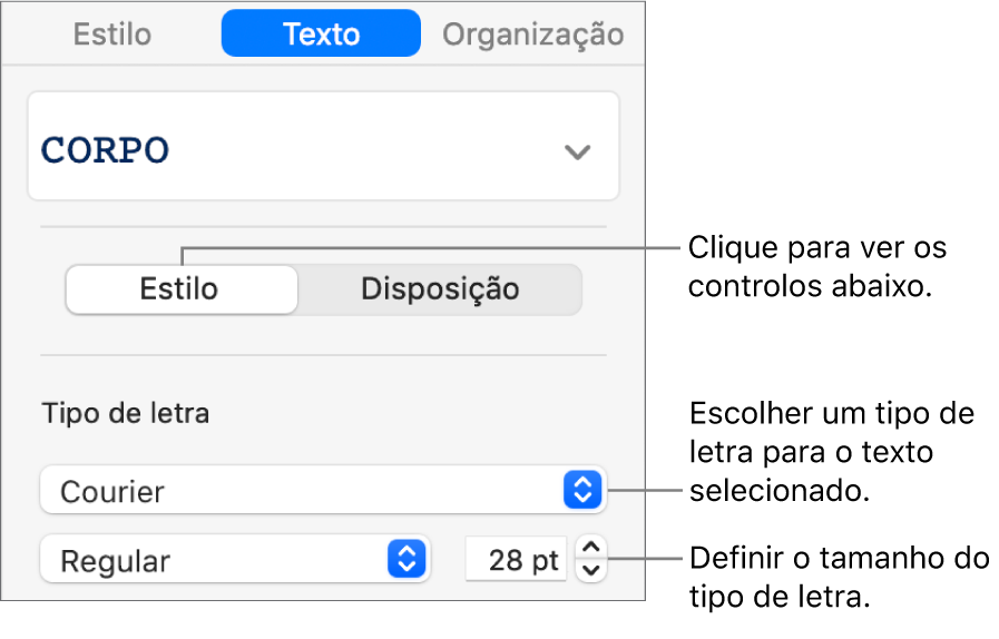 Controlos de texto na secção “Estilo” da barra lateral para definir tipo de letra e tamanho de tipo de letra.
