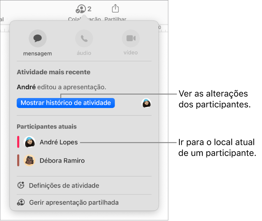 O menu de colaboração com dois participantes atuais listados.
