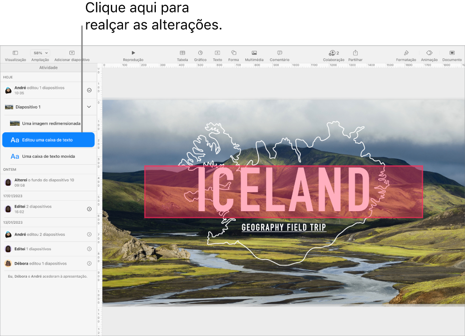 Uma apresentação colaborativa com o menu de colaboração e a lista de atividade abertas.