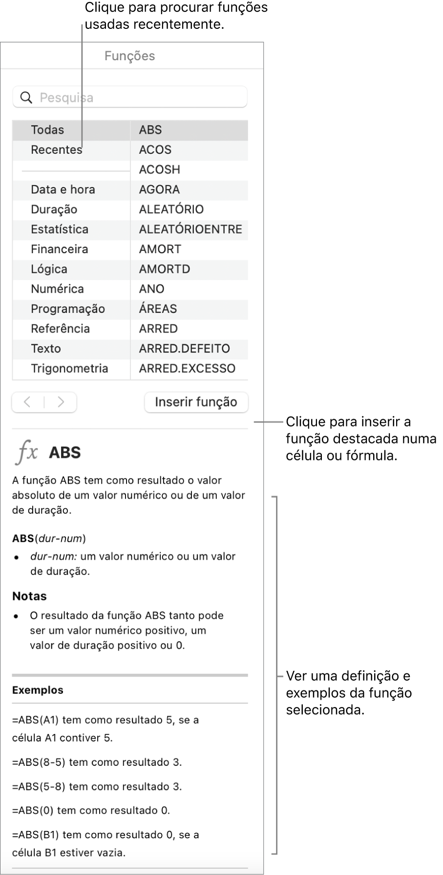 O navegador de funções com chamadas para as funções usadas recentemente, o botão "Inserir função” e a definição da função.