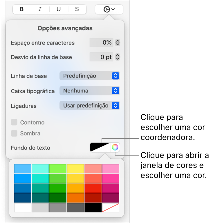 Controlos para escolher uma cor de fundo do texto.