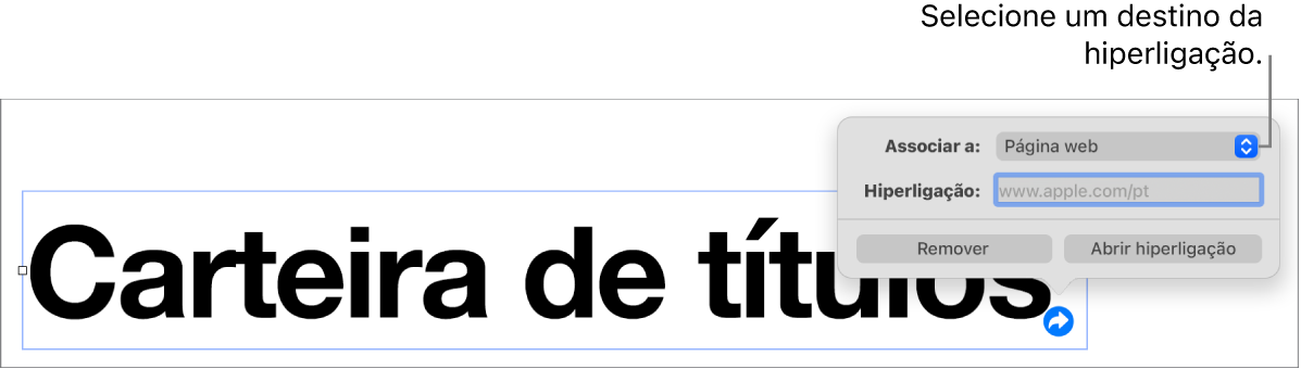 Os controlos do editor de hiperligações com a página web selecionada e os botões “Remover hiperligação” e “Abrir hiperligação” na parte inferior.
