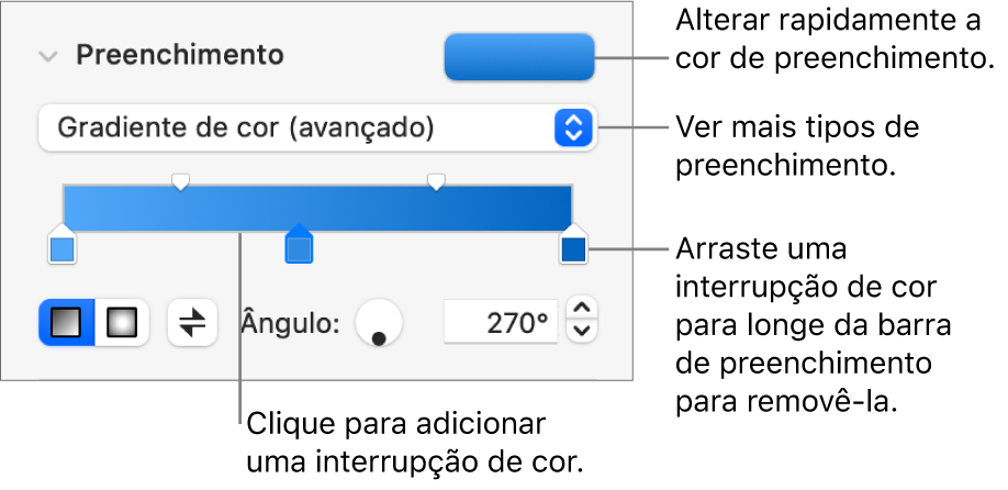 Controlos para preencher objetos com cores.