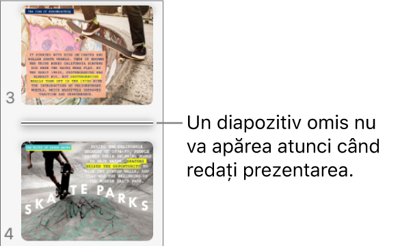 Navigatorul de diapozitive cu un diapozitiv omis, afișat ca linie orizontală.