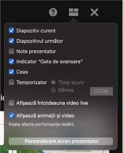 Opțiuni pentru ecranul prezentatorului, inclusiv Diapozitiv curent, Diapozitivul următor, Note prezentator, Indicator „Gata de avansare”, Ceas și Temporizator. Temporizatorul are opțiuni suplimentare pentru afișarea timpului scurs sau a timpului rămas.
