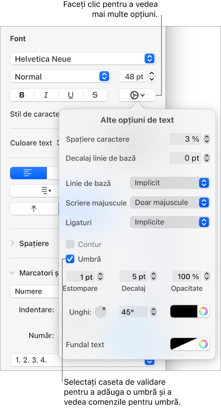 Opțiunile avansate deschise, cu caseta de validare Umbră selectată și comenzile pentru a configura estomparea, decalajul, opacitatea, unghiul și culoarea.