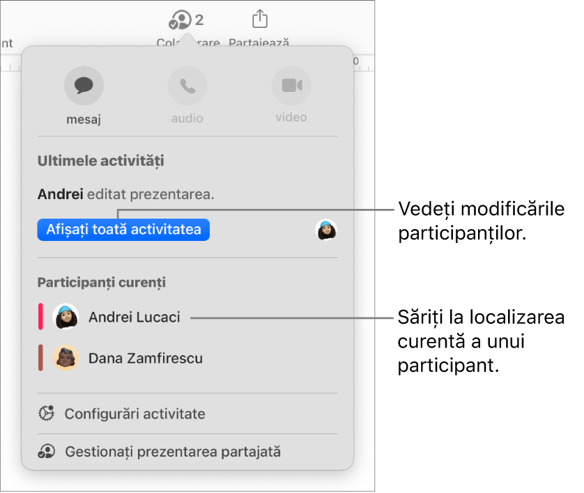 Meniul pentru colaborare cu doi participanți curenți listați.