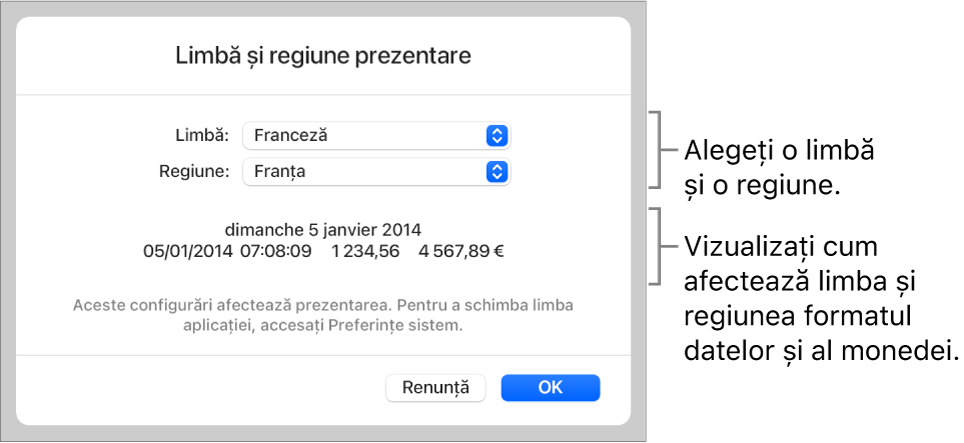 Panoul Limbă și regiune, cu comenzile pentru limbă și regiune și un exemplu de format, inclusiv data, ora, zecimale și valuta.