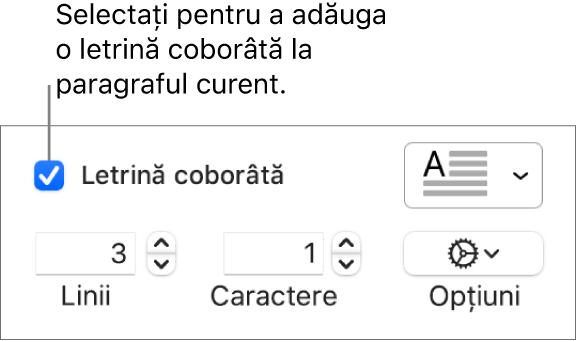 Caseta de validare Letrină coborâtă este selectată și un meniu pop-up apare în dreapta acesteia; comenzile pentru configurarea înălțimii liniei, a numărului de caractere și alte opțiuni apar sub aceasta.
