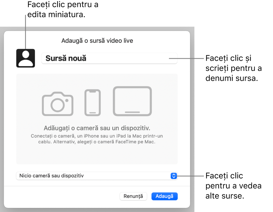 Fereastra Adaugă o sursă video live cu comenzile pentru schimbarea numelui și a miniaturii sursei în partea de sus și pentru selectarea altor surse în partea de jos.