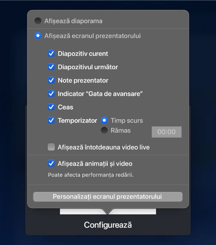Opțiuni pentru ceea ce se prezintă pe fiecare afișaj. Puteți afișa diaporama sau ecranul prezentatorului, care are opțiuni precum Diapozitiv curent, Diapozitivul următor, Note prezentator, Indicator “Gata de avansare”, Ceas și Temporizator. Temporizatorul are opțiuni suplimentare pentru afișarea timpului scurs sau a timpului rămas.
