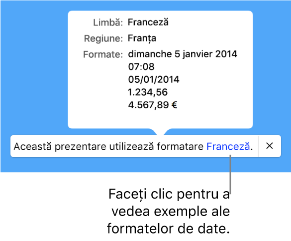 Notificarea privind configurarea limbii și regiunii diferite, afișând exemple de formatare în limba și regiunea respectivă.