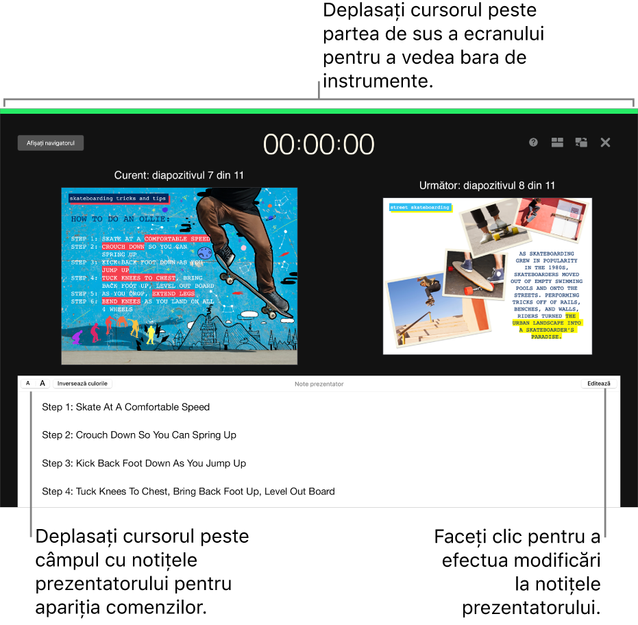Ecranul prezentatorului din Keynote cu butoane pentru a deschide și a închide navigatorul de diapozitive și opțiuni de afișare de‑a lungul părții de sus a ecranului. Diapozitivul curent și diapozitivul următor apar în mijlocul ecranului, iar câmpul Note prezentator în partea de jos.