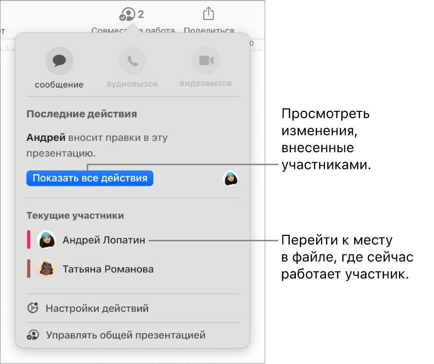В меню совместной работы показаны двое активных участников.