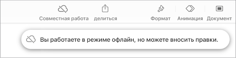 Показаны кнопки вверху экрана; кнопка совместной работы отображается как перечеркнутое облако. На экране отображается предупреждение: «Вы работаете в режиме офлайн, но можете вносить правки».