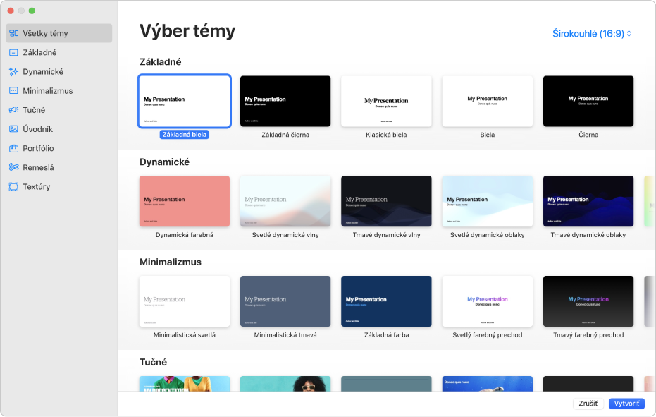 Výber témy. Na postrannom paneli na ľavej strane sa zobrazuje zoznam tém, na ktoré môžete kliknúť a filtrovať možnosti. Napravo sú miniatúry preddefinovaných tém zoradených podľa kategórií do riadkov. Zoznam začína v hornej časti kategóriou Základné a nasledujú Dynamické, Minimalizmus a Tučné. Tlačidlá Zrušiť a Vytvoriť sa nachádzajú v pravom dolnom rohu.