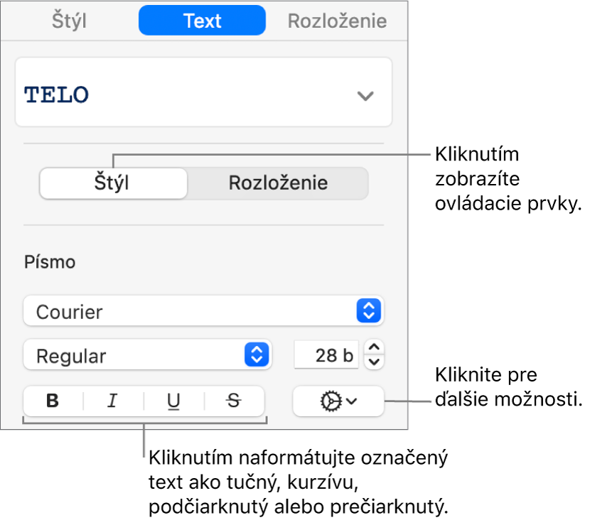 Ovládacie prvky Štýl na postrannom paneli s bublinami pre tlačidlá Tučné, Kurzíva, Podčiarknuť a Preškrtnúť.