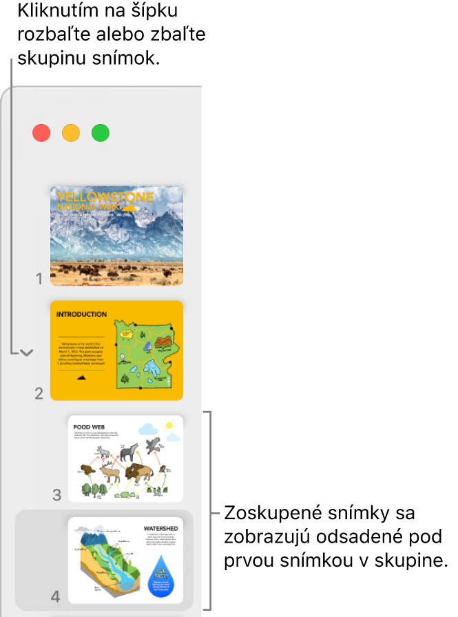Navigátor snímok s odsadenými snímkami.