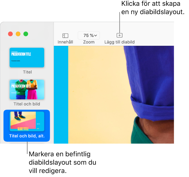 En diabildslayout på diabildslayoutområdet och knappen Lägg till diabild ovanför den i verktygsfältet.