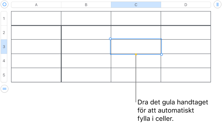 En markerad cell med ett gult handtag du kan dra för att autofylla celler.