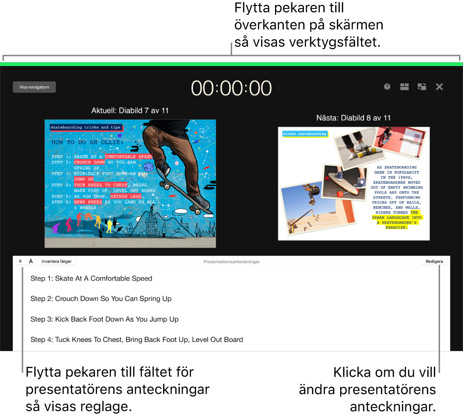 Presentatörens skärm i Keynote med knappar för att öppna och stänga diabildsnavigatorn och visningsalternativ längs överkanten på skärmen. Den aktuella diabilden och nästa diabild visas i mitten av skärmen med fältet för presentatörsanteckningar i nederkanten.