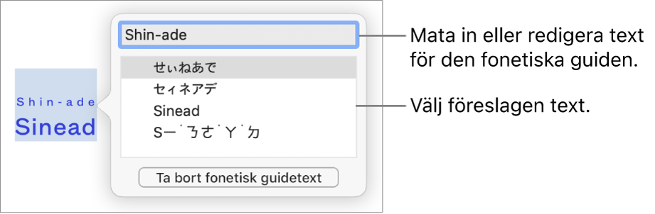 Den fonetiska guiden är öppen för ett ord, med linjer som pekar på textfältet och föreslagen text.