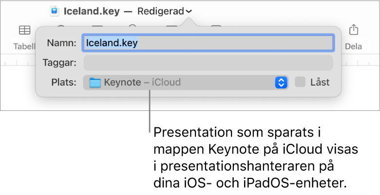 Dialogrutan Spara för en presentation med Keynote – iCloud i popupmenyn Plats.
