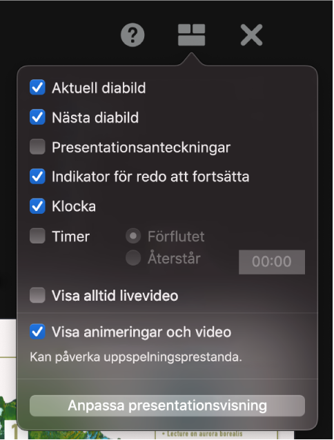 Alternativen för presentatörsskärmen, som den aktuella diabilden, nästa diabild, presentationsanteckningarna, indikatorn för redo att fortsätta, klockan och timern. Timern kan ställas in så att den antingen visar förfluten tid eller återstående tid.