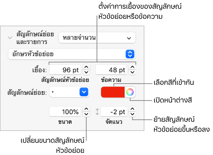 ส่วนสัญลักษณ์ย่อยและรายการที่มีคำบรรยายไปยังตัวควบคุมสำหรับสัญลักษณ์หัวข้อย่อยและการเยื้องข้อความ สีของสัญลักษณ์หัวข้อย่อย ขนาดของสัญลักษณ์หัวข้อย่อย และการจัดแนว