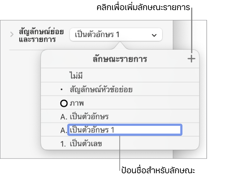 เมนูลักษณะรายการที่แสดงขึ้นที่มีปุ่มเพิ่มอยู่มุมขวาบนสุด และชื่อลักษณะช่องพักที่มีข้อความที่เลือกอยู่