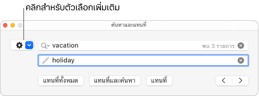 หน้าต่างค้นหาและแทนที่พร้อมคำอธิบายของเมนูที่แสดงขึ้นที่แสดงตัวเลือกเพิ่มเติม