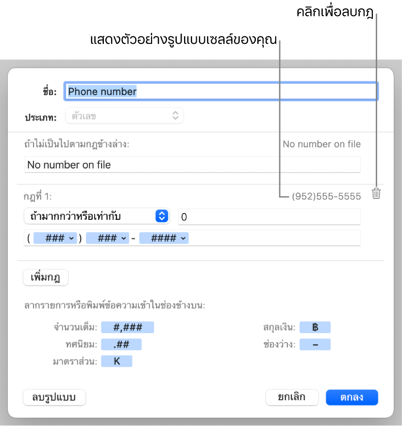 รูปแบบเซลล์ตัวเลขแบบกำหนดเองที่มีกฎ