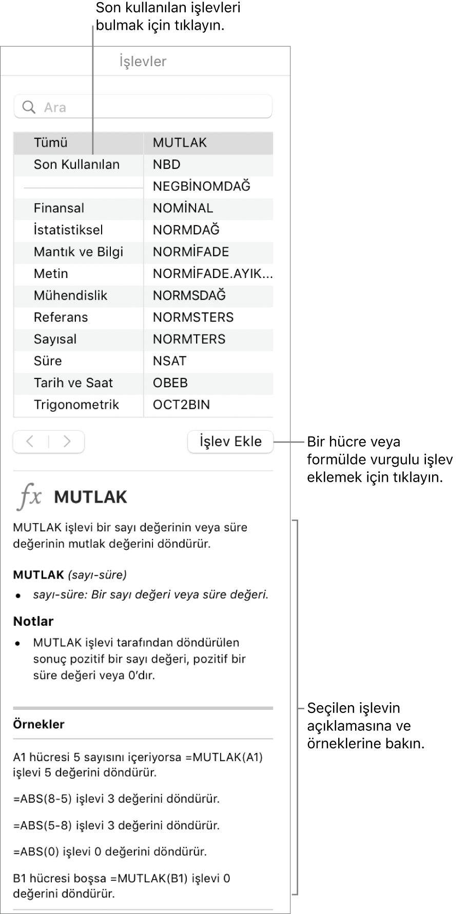 Son kullanılan işlevlere, İşlev Ekle düğmesine ve işlev tanımına belirtme çizgileriyle İşlev Tarayıcı.