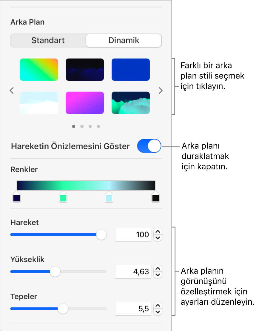 Dinamik arka plan stilleri, Hareket Önizleme denetimi ve görünüş denetimleri görüntülenen Biçim kenar çubuğunun Arka Plan bölümünde Dinamik düğmesi seçilir.