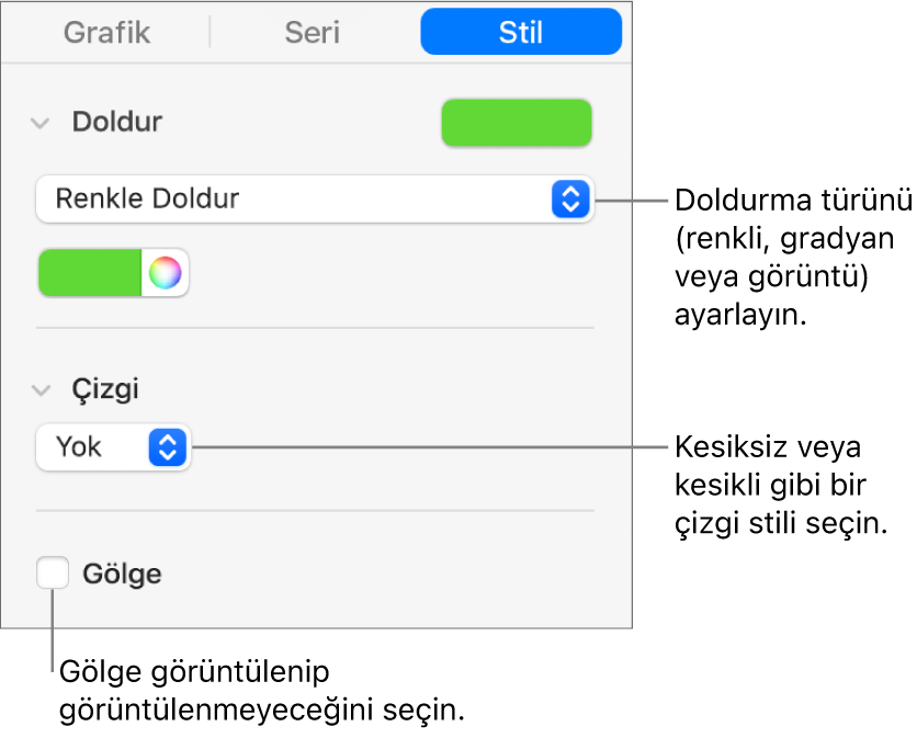 Veri serilerinin görünümünü değiştiren denetimler.