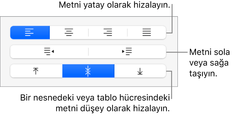 Metni dikey olarak hizalama, metni sola veya sağa taşıma ve metni dikey olarak hizalama düğmelerini gösteren kenar çubuğunun Hizalama bölümü.