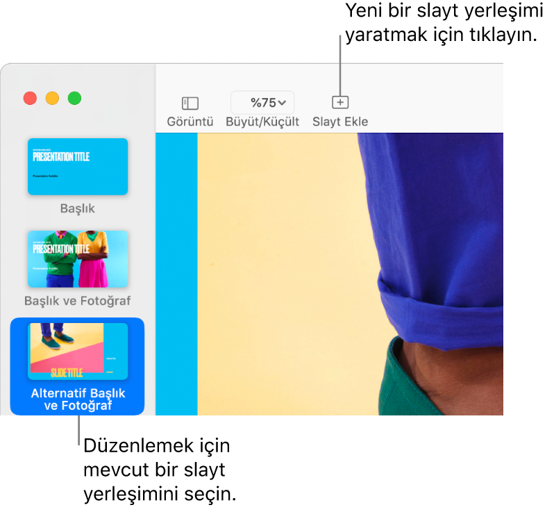 Slayt yerleşim alanını gösteren ve üzerindeki araç çubuğunun içinde Slayt Ekle düğmesi bulunan bir slayt yerleşimi.