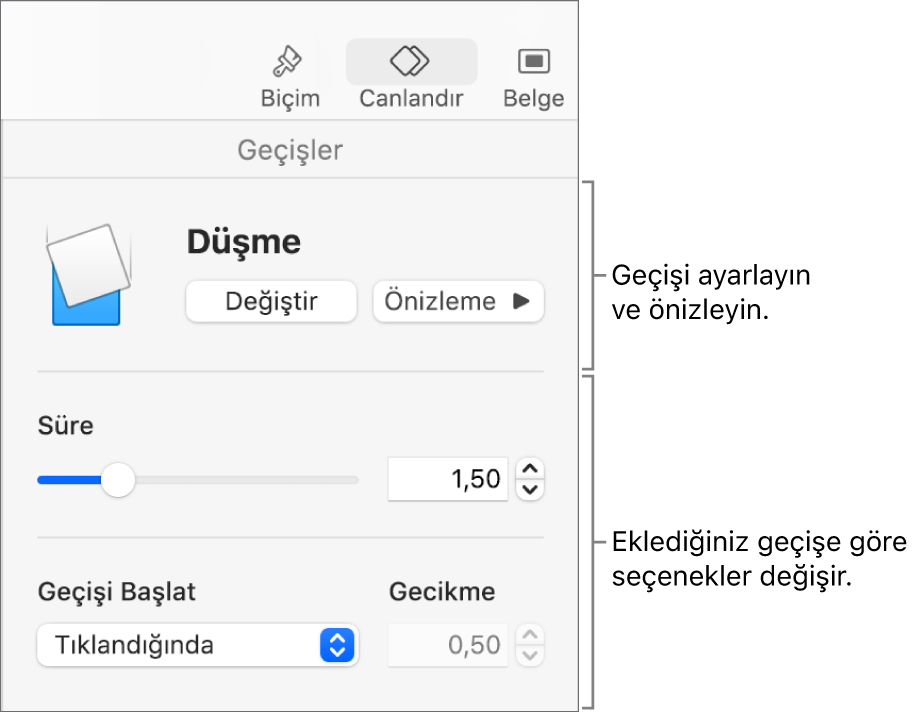 Kenar çubuğunun Geçişler bölümündeki geçiş denetimleri.