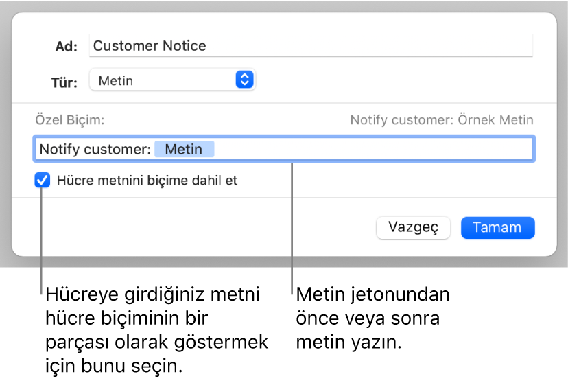 Özel metin hücresi biçimi.