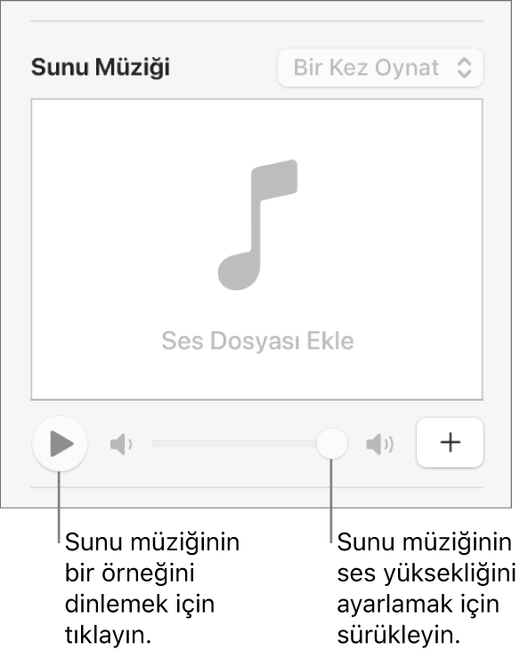 Oynat düğmesi ve belirtilen bir ses yüksekliği sürgüsü ile Film Müziği denetimleri.
