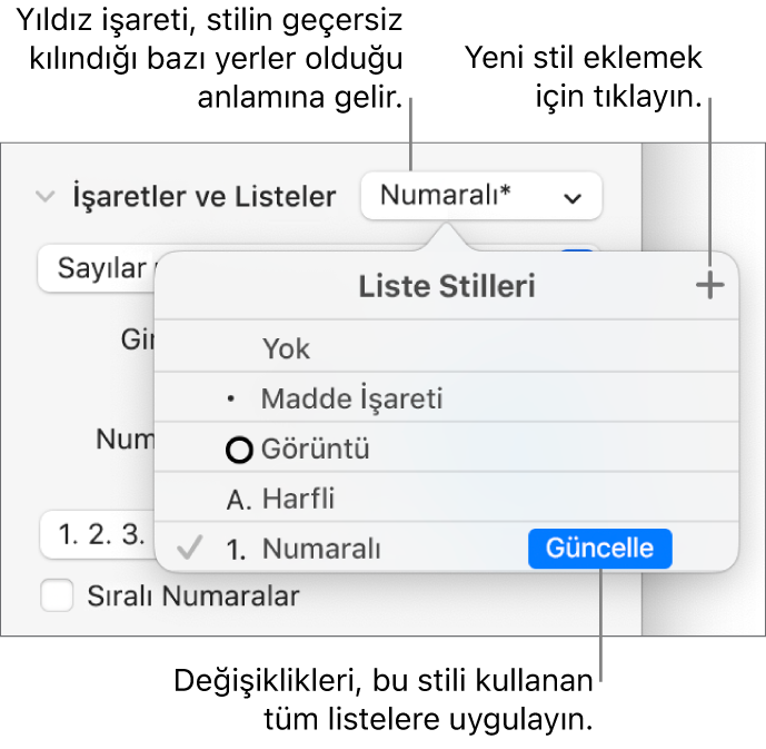 Bir geçersiz kılmayı gösteren bir yıldız işaretinin ve Yeni Stil düğmesi belirtimlerinin göründüğü Liste Stilleri açılır menüsü ve stilleri yönetme seçeneklerini içeren bir alt menü.