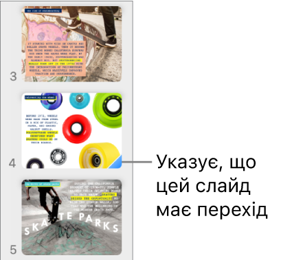 Блакитний трикутник на слайді вказує, що цей слайд має перехід.