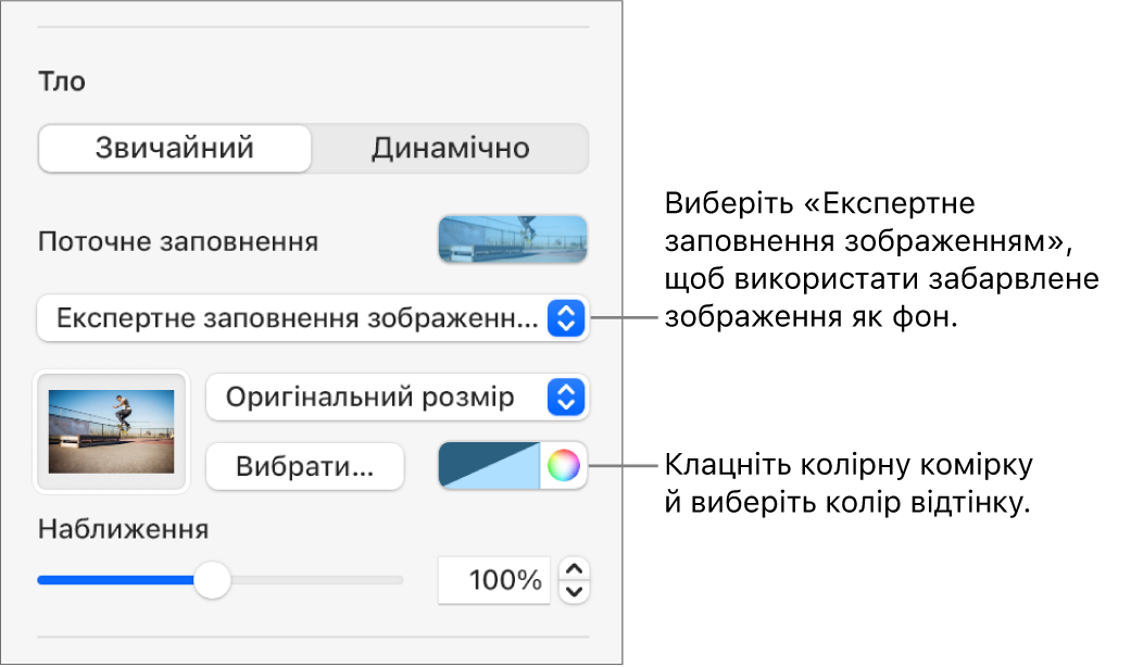 Елементи керування тлом: тлом слайда вибрано затемнений параметр «Експертне заповнення зображенням».
