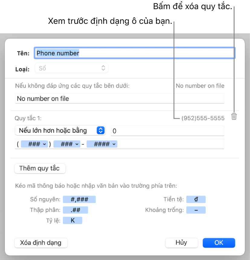 Định dạng ô số tùy chỉnh có các quy tắc.