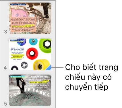 Tam giác màu lam trên trang chiếu biểu thị rằng trang chiếu được áp dụng hiệu ứng chuyển tiếp.
