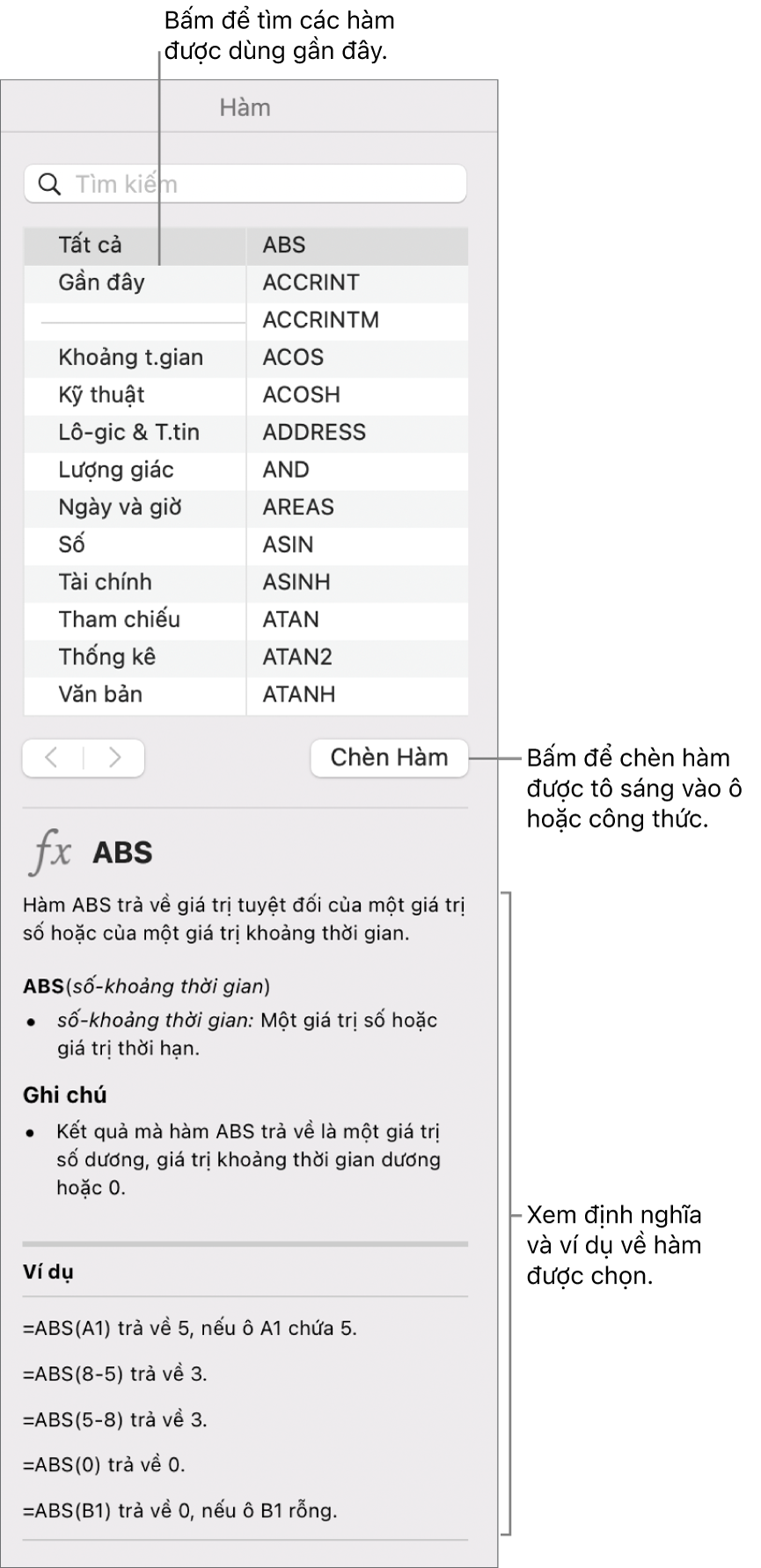 Trình duyệt hàm với các chú thích đến các hàm được sử dụng gần đây, nút Chèn hàm và định nghĩa hàm.