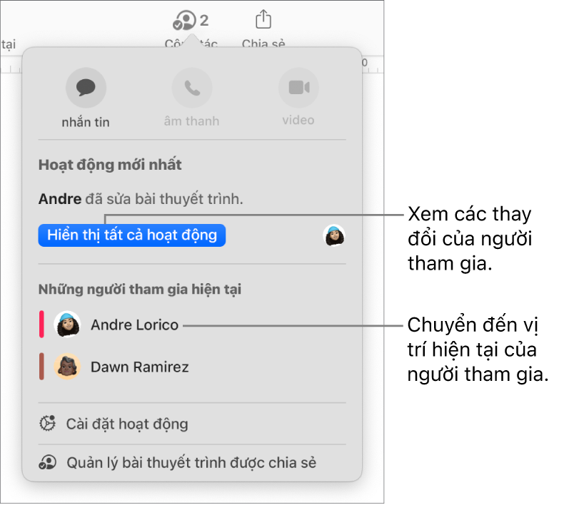 Menu cộng tác có hai người tham gia hiện tại được liệt kê.