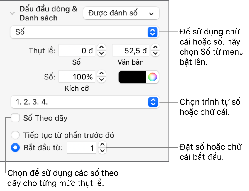 Các điều khiển để thay đổi kiểu số và khoảng cách của danh sách.