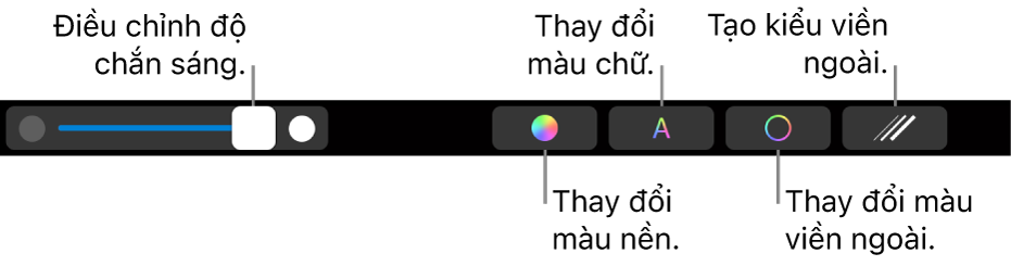 Touch Bar trên MacBook Pro với các điều khiển để điều chỉnh độ mờ của hình, thay đổi màu nền, thay đổi màu văn bản, thay đổi màu đường viền và tạo kiểu cho đường viền.