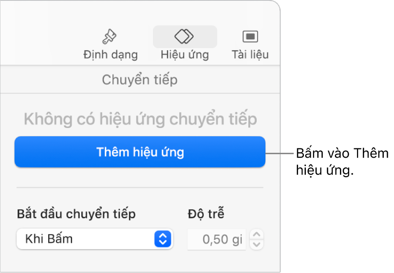 Nút Thêm hiệu ứng trong phần Hiệu ứng của thanh bên.
